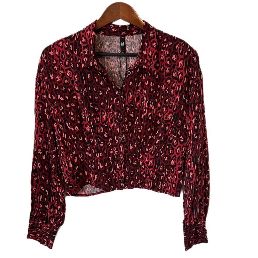 Zara Leopard Print Long Sleeve Button Down Crop Top - Picture 2 of 9